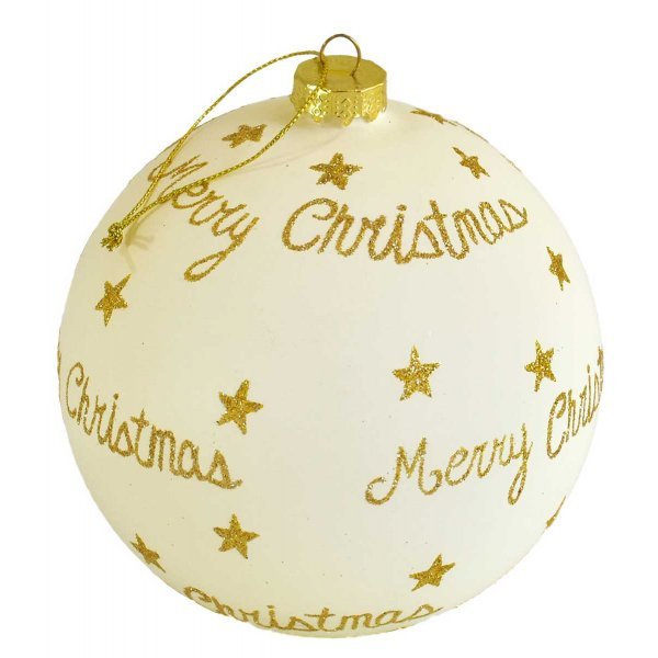 Χριστουγεννιάτικη Γυάλινη Μπάλα Μπεζ, με Χρυσό "Merry Christmas" (12cm)
